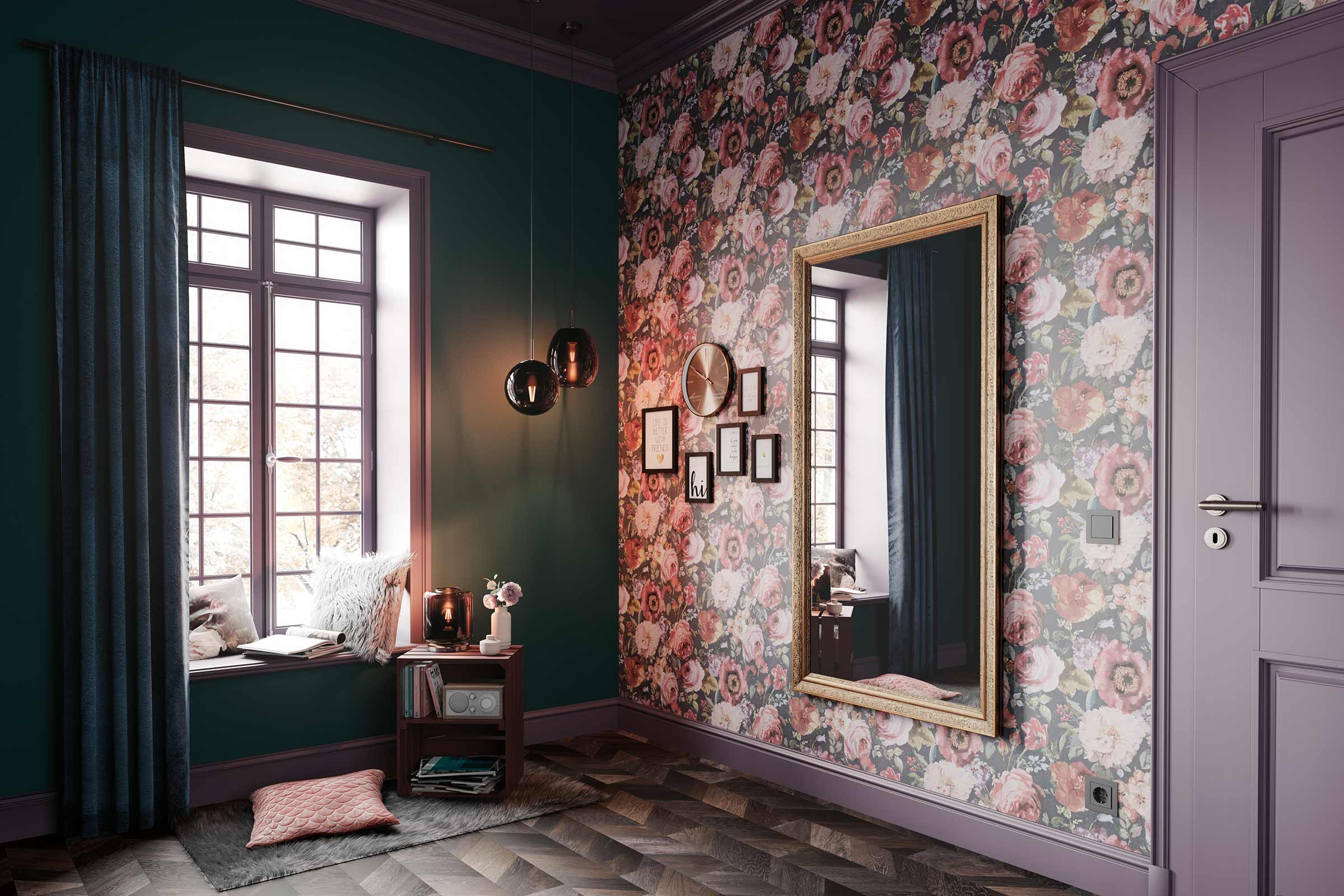 Decoratieve woonkamer met bloemenbehang, spiegel en raam