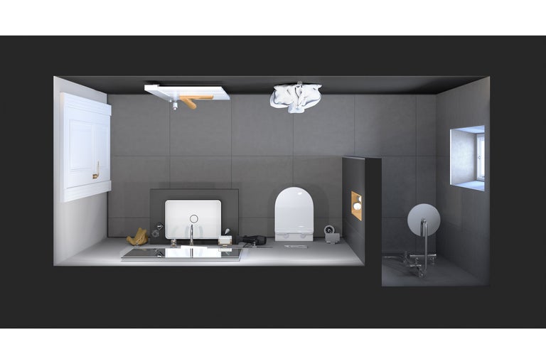 Overzicht van een badkamer met wastafel, toilet en douche.