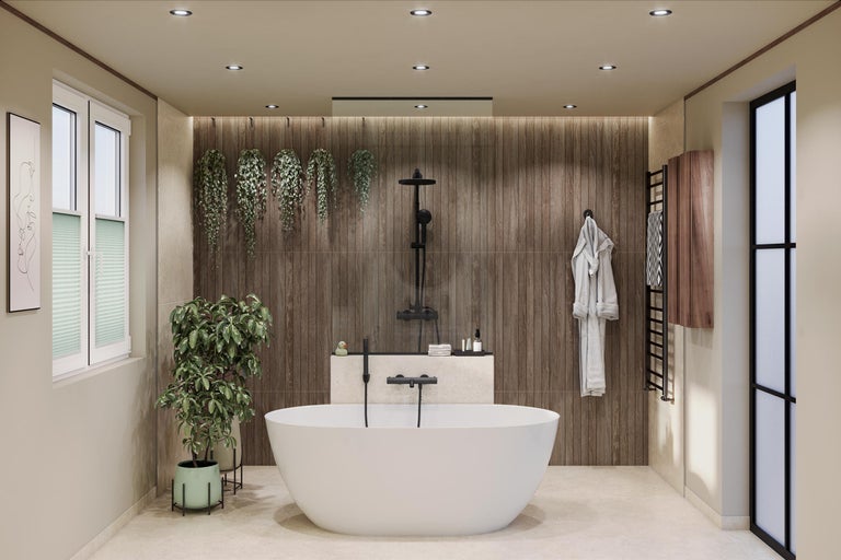 Moderne badkamer met vrijstaand bad, douche en houten wandbekleding