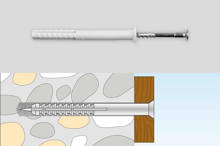 Nylon kozijnplug met schroef en schematische weergave van de montage in metselwerk