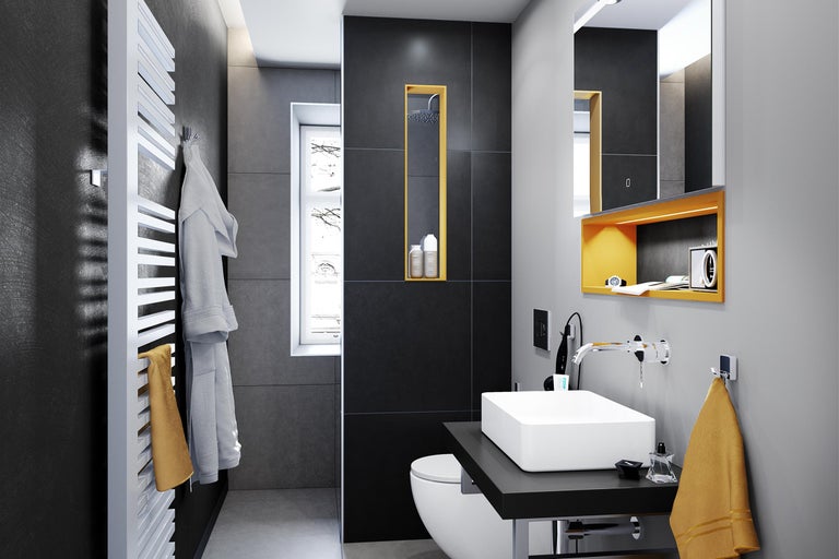 Moderne badkamer met wastafel, handdoekradiator en donkere tegels