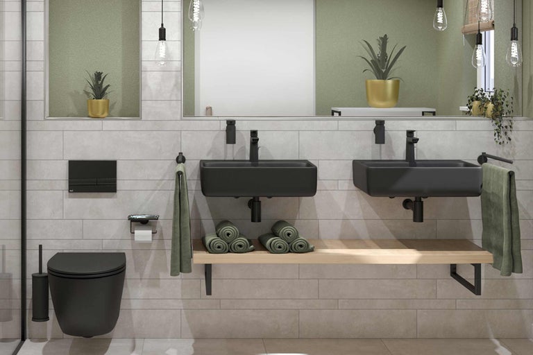 Moderne badkamer met dubbele wastafel, toilet en stijlvolle accessoires