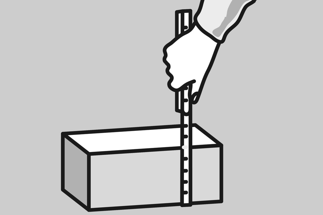 Illustratie van een hand die een object meet met een meetlat