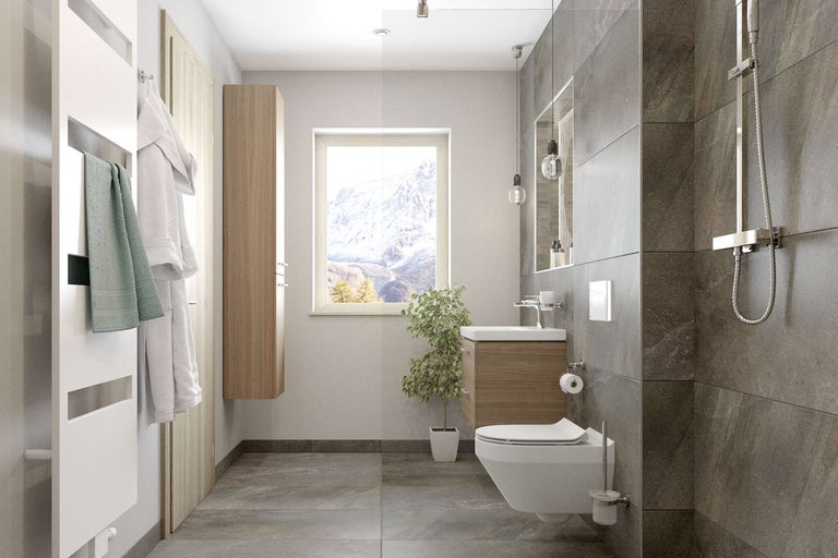 Lichte badkamer met douche, wastafel, toilet en handdoekradiator