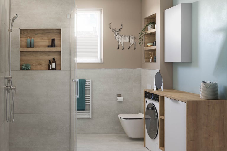 Moderne badkamer met douche, toilet, wastafel, wasmachine en decoratieve elementen