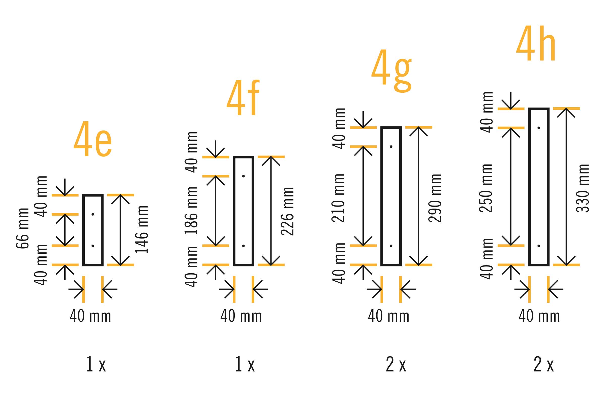 Afbeelding van verschillende houtprofielmaten met de afmetingen 40 mm x 66 mm, 40 mm x 186 mm, 40 mm x 210 mm en 40 mm x 250 mm