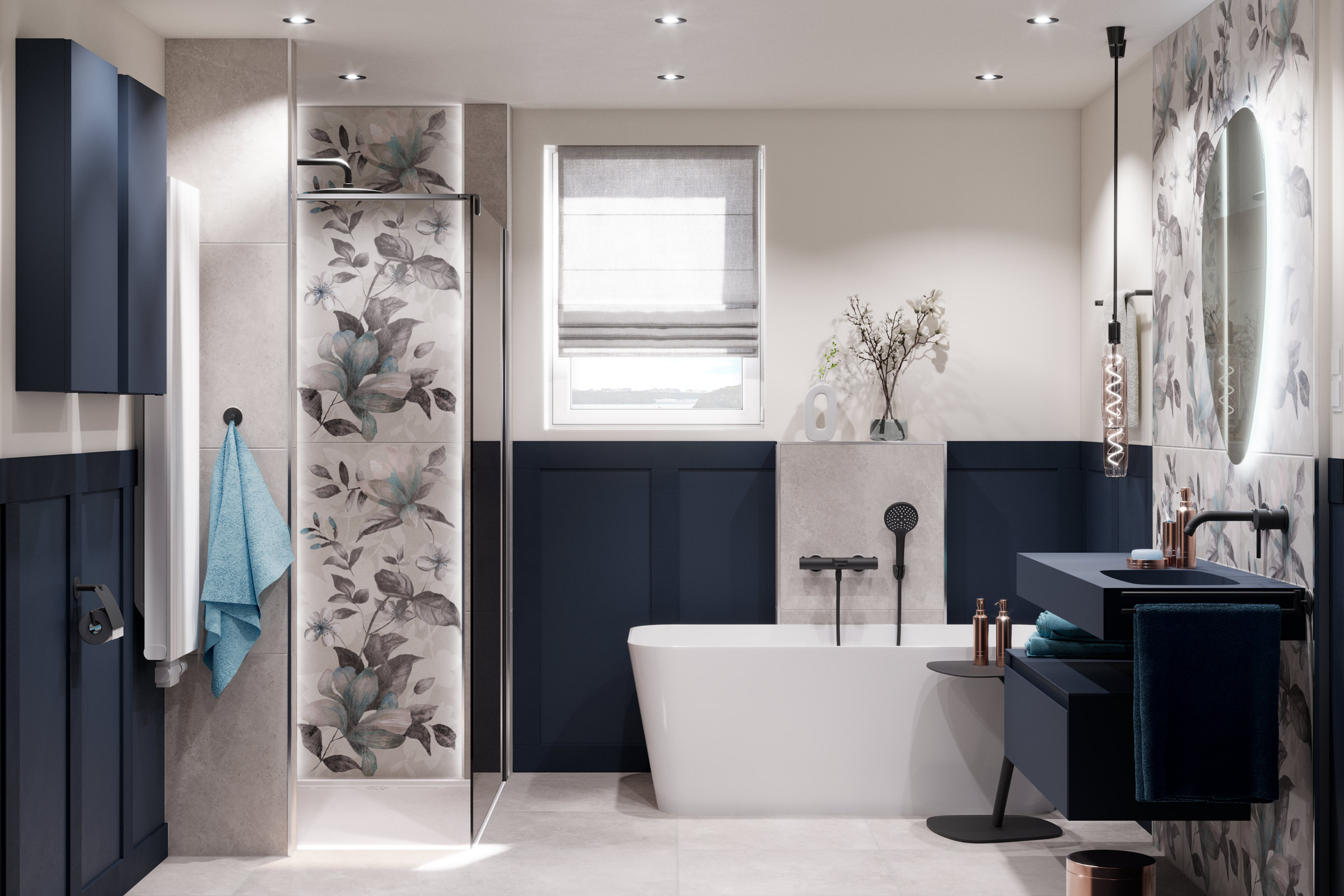 Lichte badkamer met bad, douche, wastafel en bloemaccenten