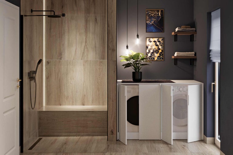 Badkamer met douche en ingebouwde wasmachinekast