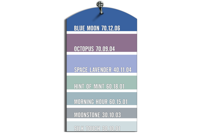 Kleurenkaart met kleurtinten zoals Blue Moon, Octopus, Space Lavender, Hint of Mint, Morning Hour, Moonstone en Silk Touch.
