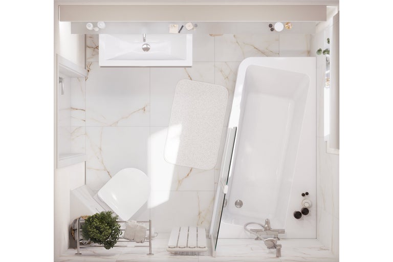 Bovenaanzicht van een badkamer met wastafel, toilet en bad