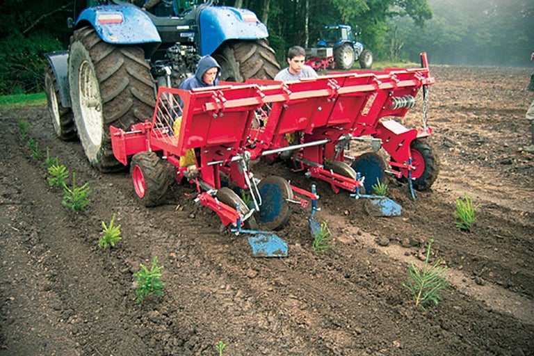 Scene van een tractor met een plantmachine die bomen verplant op een veld.