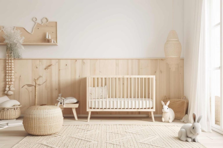 Kinderkamer met houten lambrisering, ledikant, vloerkleed en decoraties.
