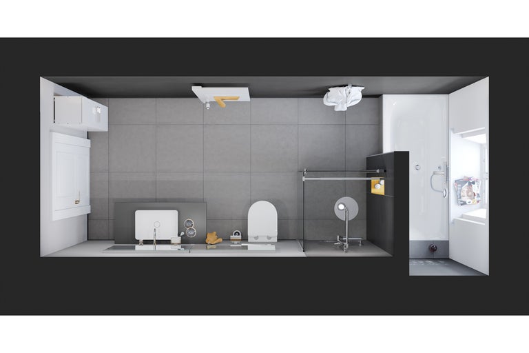 Overzicht van een badkamer met wastafel, toilet en douche