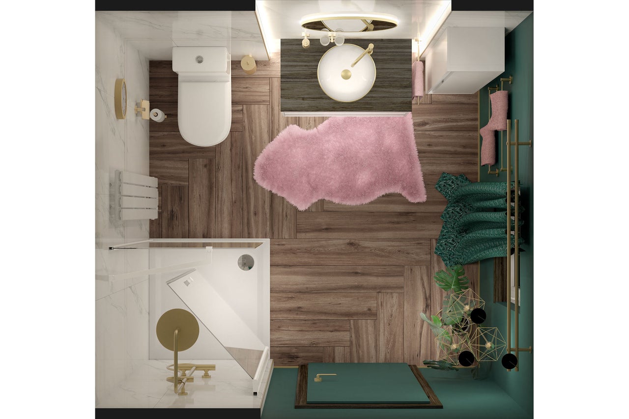 Bovenaanzicht van een moderne badkamer met douche, toilet, wastafelmeubel, houtlook vloer, roze kleed en groene wanden.