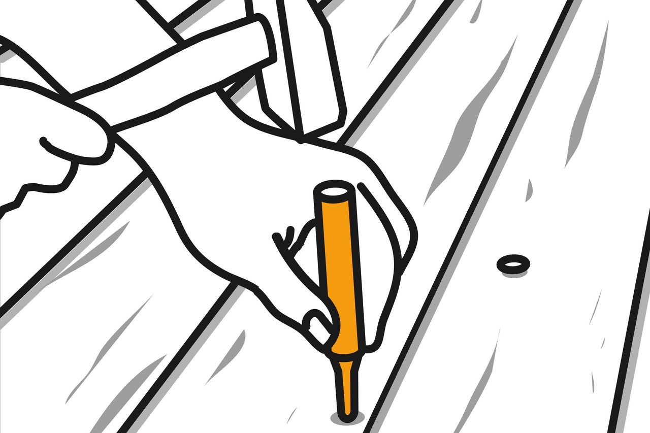 Illustratie van een man die met een hamer een deuvel in een houten plank slaat