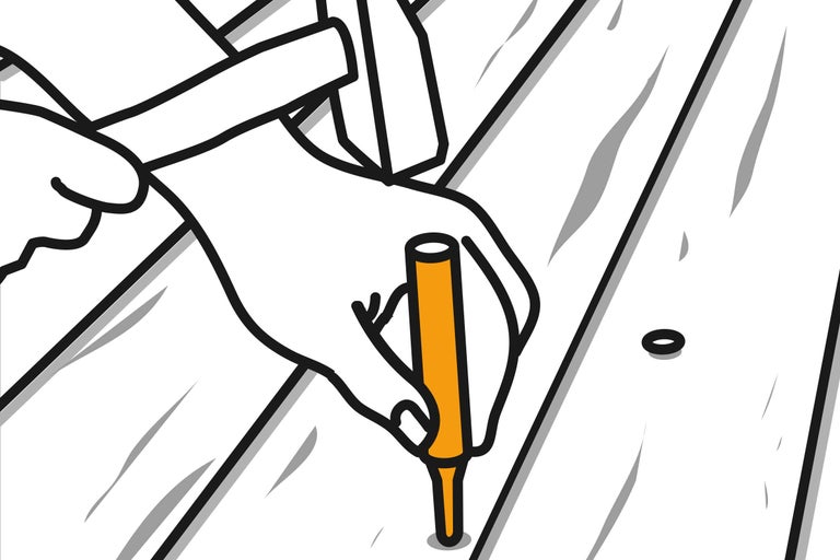 Illustratie van een man die met een hamer een deuvel in een houten plank slaat