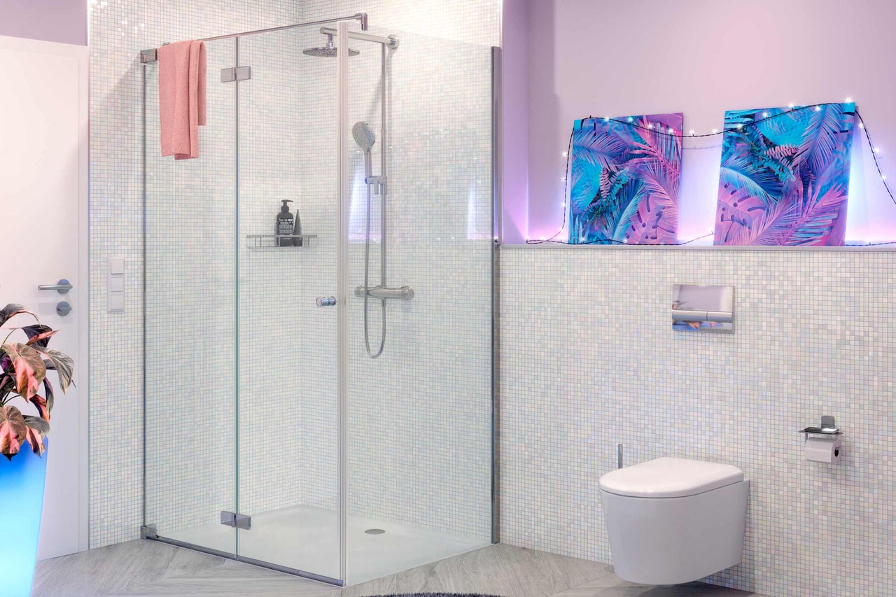 Badkamer met glazen douchecabine, toilet en decoratie