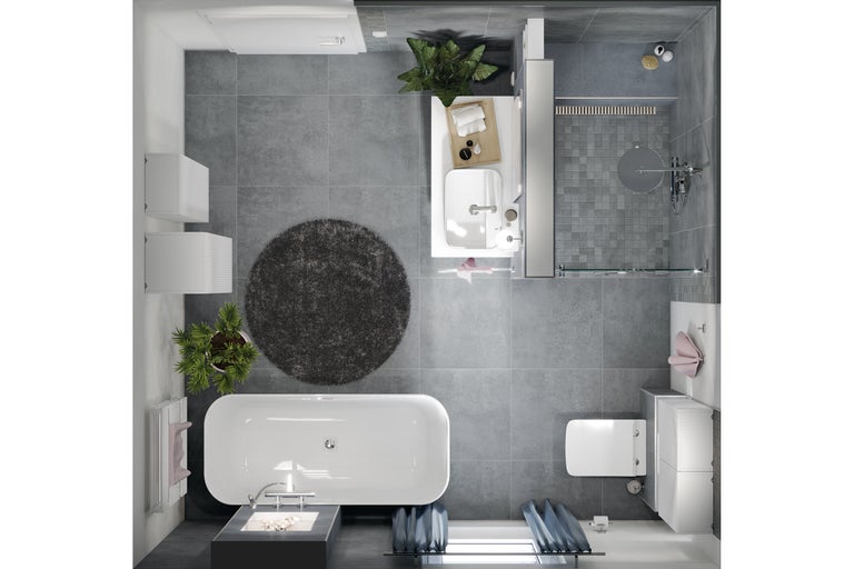 Bovenaanzicht van een moderne badkamer met ligbad, douche, wastafel en toilet