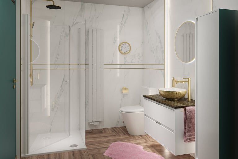 Moderne badkamer met marmerlook wandtegels, houtlook vloer, glazen douche met gouden kranen en wit wastafelmeubel met gouden waskom.