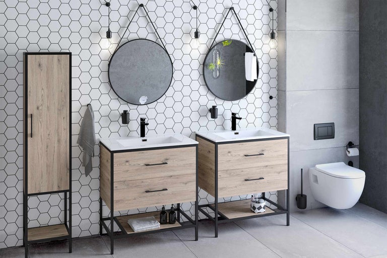 Badkamer met dubbele wastafelonderkast, hoge kast en hangende ronde spiegel