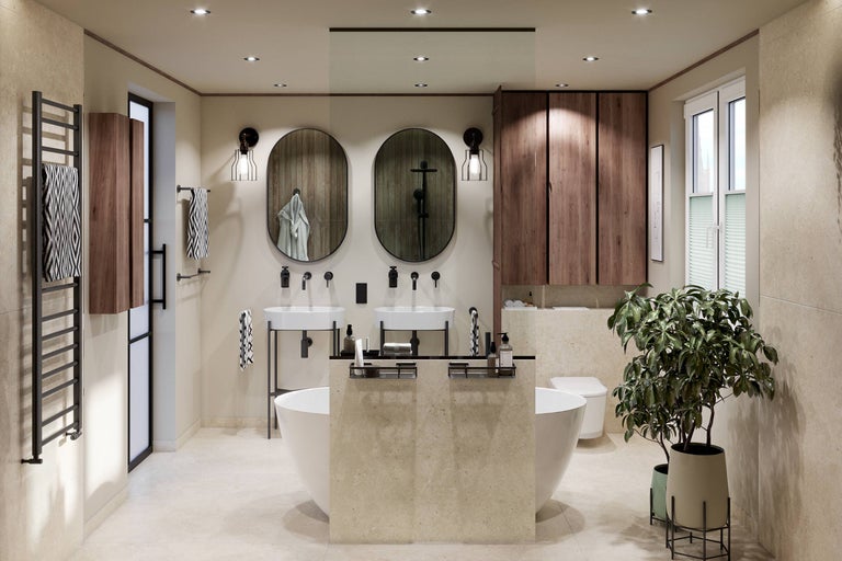 Badkamer met ligbad, wastafels, spiegels, handdoekradiator en opbergkasten in een lichte inrichting.