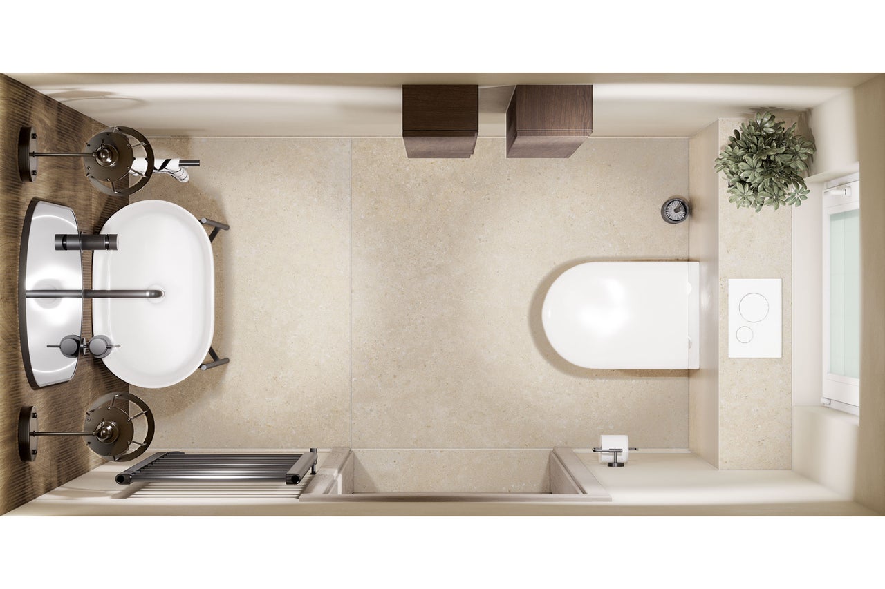 Modern gastentoilet van bovenaf gezien met wit wastafelmeubel, hangend toilet, beige tegels, houten elementen en een donkere handdoekradiator.