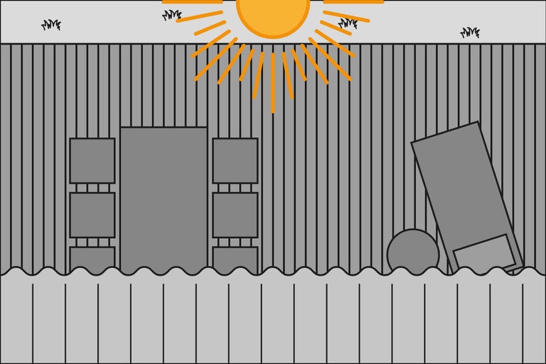 Illustratie van een waterzuiveringsinstallatie met rooster, tanks en zon