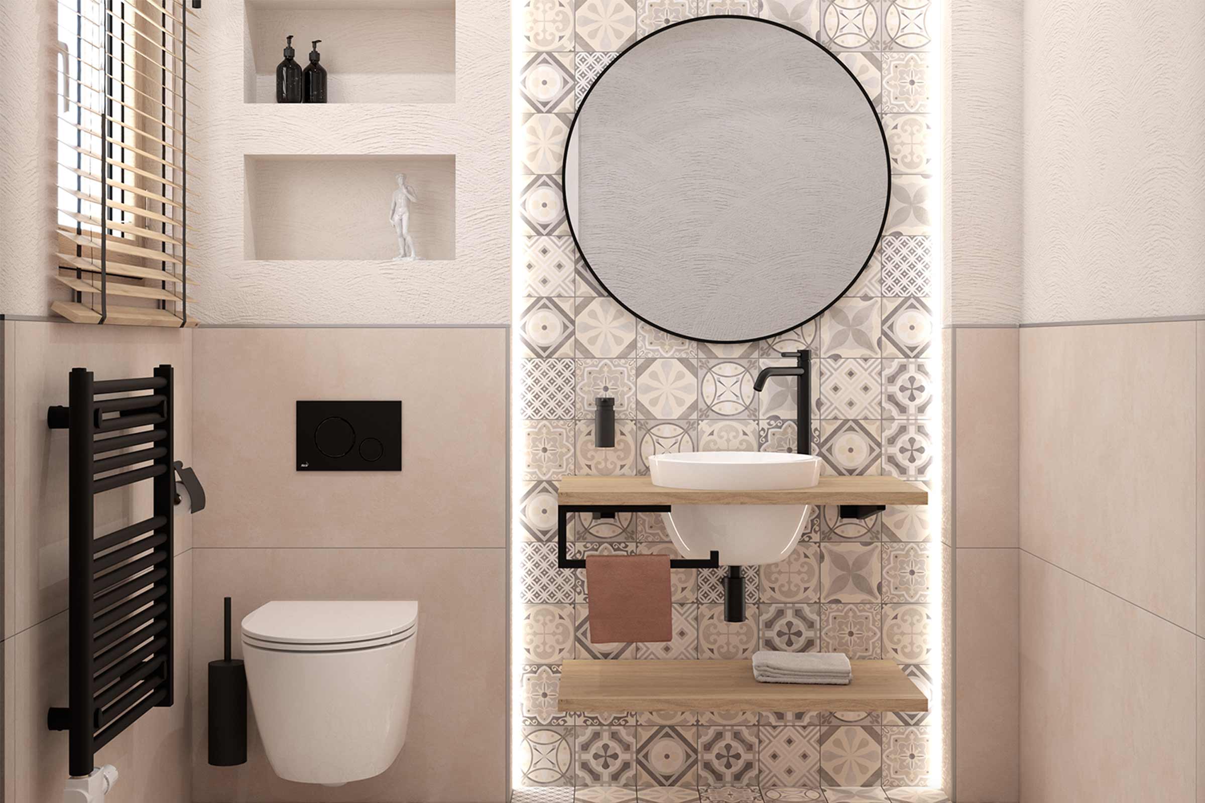 Lichte badkamer met toilet, wastafel en spiegel
