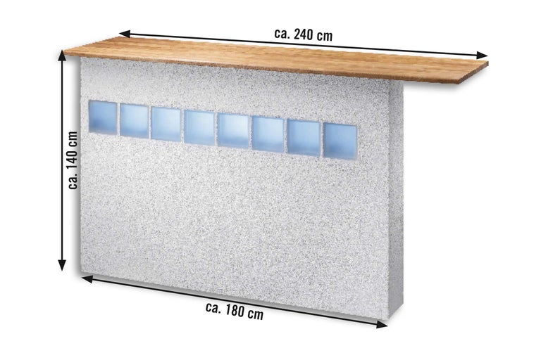 Muur met glazen bouwstenen en houten plaat, circa 140 cm hoog, circa 180 cm breed en circa 240 cm lang