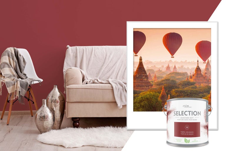 Decoratieve woonsfeer met Style Color Selection muurverf, bank en woonaccessoires