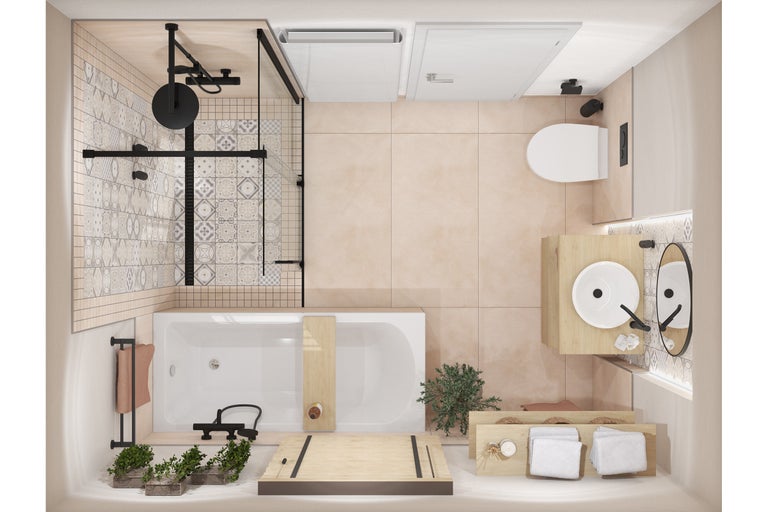 Bovenaanzicht van een badkamer met douche, bad, toilet en wastafel.