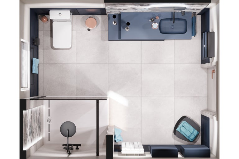 Vogelperspectief van een badkamer met toilet, wastafel, douche en meubels