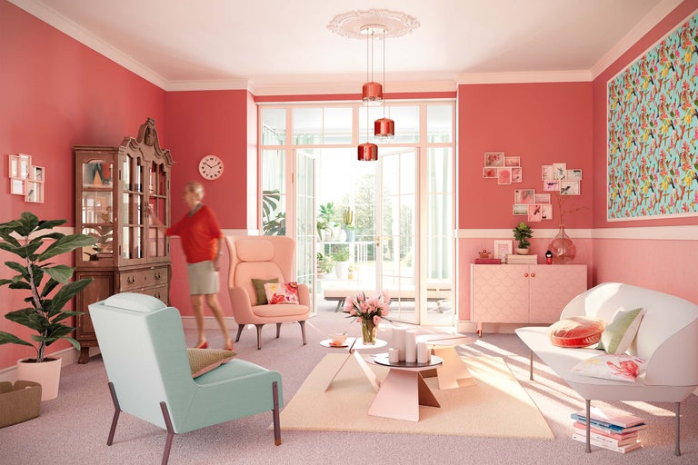 Woonkamer met meubels, decoratie en textiel in verschillende pastelkleuren en een open toegang tot het balkon