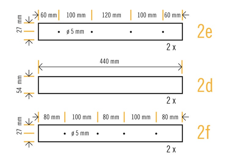 Technische tekening van houten onderdelen met maataanduidingen