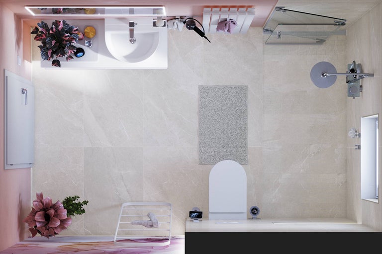 Bovenaanzicht van een badkamer met wastafel, toilet en douche