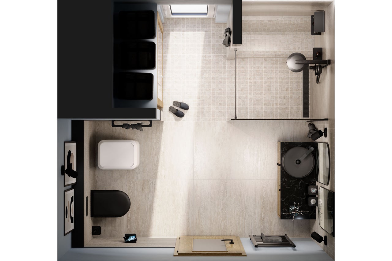 Vogelperspectief van een badkamer met toilet, wastafel, douche en opbergmogelijkheden.
