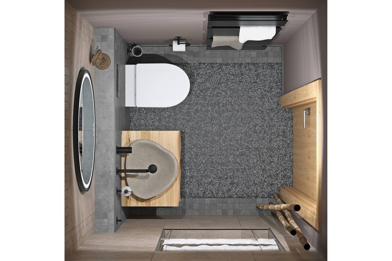 Moderne badkamer in vogelvluchtperspectief met houten wastafelmeubel, stenen wasbak, hangend toilet, inloopdouche en verlichte spiegel.