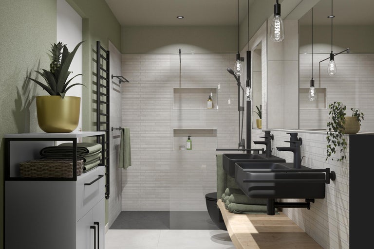 Badkamer met dubbele wastafel, handdoekradiator en opbergruimte