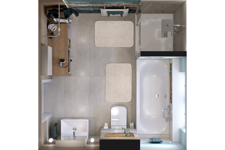 Bovenaanzicht van een badkamer met bad, douche, wastafel en toilet