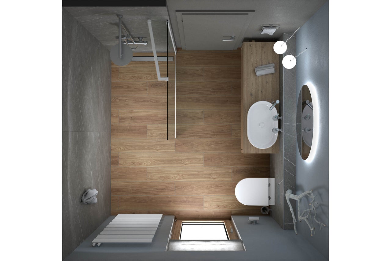 Bovenaanzicht van een moderne badkamer met inloopdouche, houten wastafelmeubel, ovaal wasbekken, verlichte spiegel, hangtoilet en tegels met houtlook.