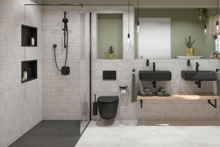 Moderne badkamer met douche, wastafels en toilet