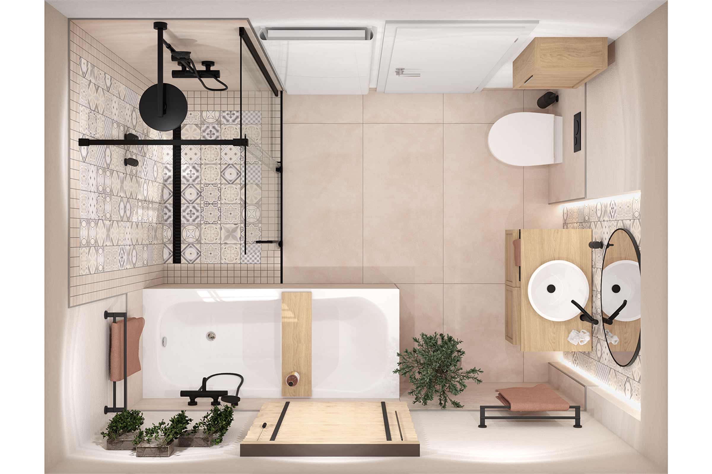 Bovenaanzicht van een badkamer met douche, bad, wastafel en toilet
