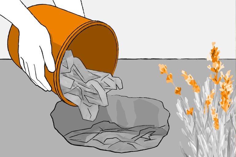 Illustratie van een hand die gekreukeld papier uit een bloempot op een mulchschijf leegt, met lavendel op de achtergrond.