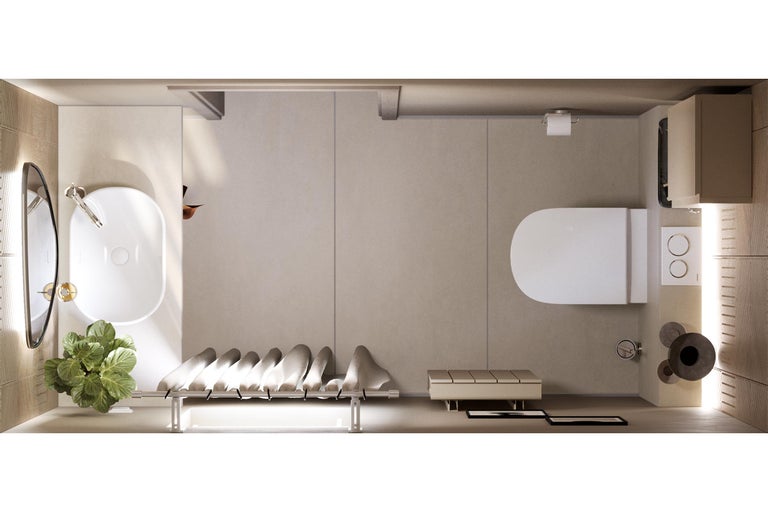 Bovenaanzicht van een badkamer met toilet, wastafel en accessoires