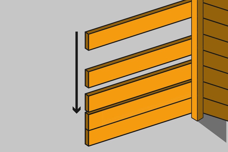 Illustratie van een schuttingmontage met messing en groef planken en montage-instructies door middel van een pijl.