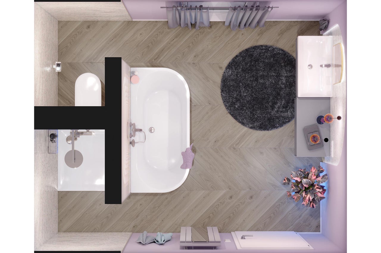 Bovenaanzicht van een moderne badkamer met lichte vloer in chevronpatroon, voorzien van een ligbad, douche, toilet en wastafelmeubel.