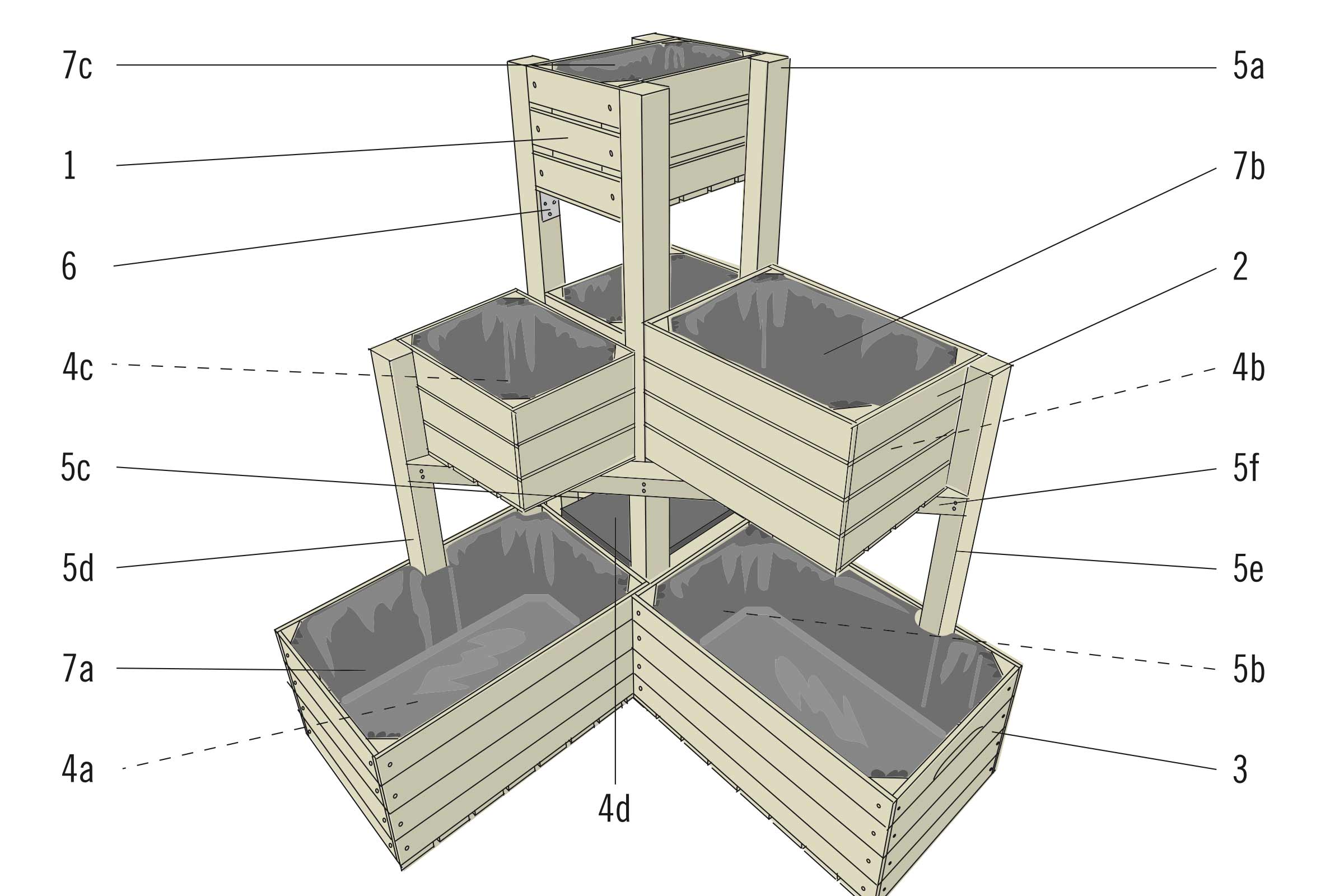 Drietraps plantenrek van hout met plantfolie
