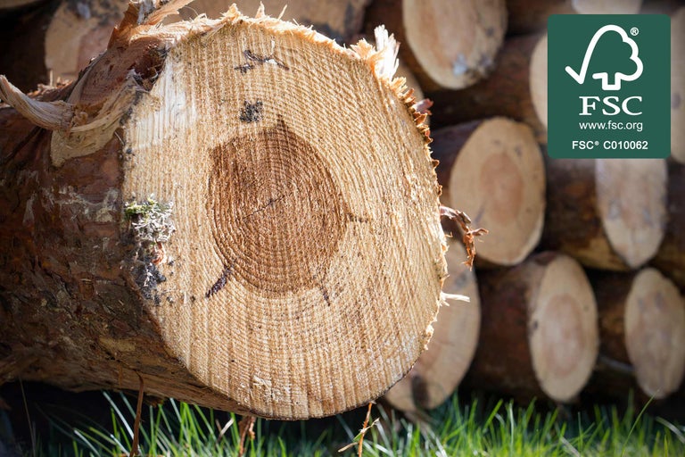 Houtstapel met boomstamdoorsnede en FSC-keurmerk