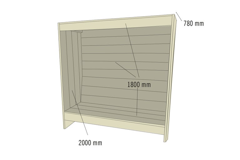Stellingkast met afmetingen 780 mm diep, 1800 mm hoog en 2000 mm breed.