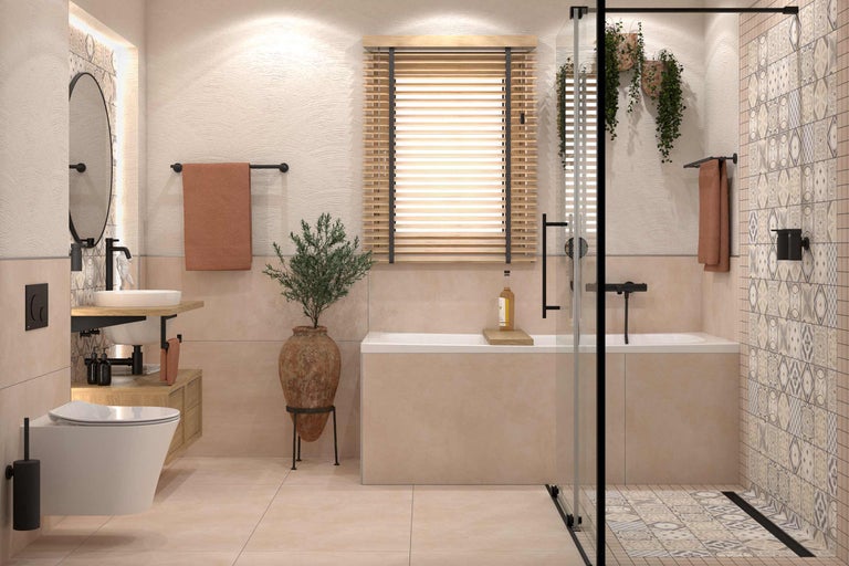 Badkamer met wastafel, toilet, bad en douche.